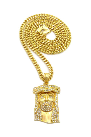 Nyfashion101 Stone Stud Jesus Face Straight Cut Edge Pendant W/ Chain Necklace