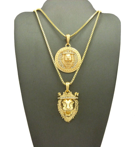 Nyfashion101 Stone Stud King Lion Medal & King Lion Pendant Set W/ 2mm 24" & 30" Box Chain Necklaces In Gold-Tone