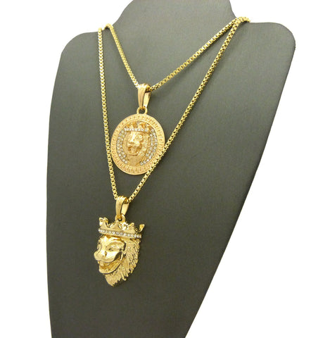 Nyfashion101 Stone Stud King Lion Medal & King Lion Pendant Set W/ 2mm 24" & 30" Box Chain Necklaces In Gold-Tone