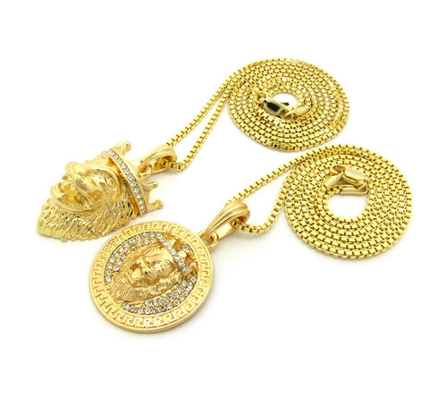 Nyfashion101 Stone Stud King Lion Medal & King Lion Pendant Set W/ 2mm 24" & 30" Box Chain Necklaces In Gold-Tone