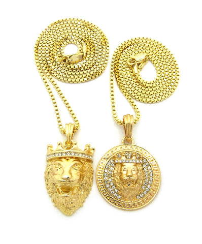 nyfashion101 Stone Stud King Lion Medal & King Lion Pendant Set w/ 2mm 24" & 30" Box Chain Necklaces in Gold-Tone