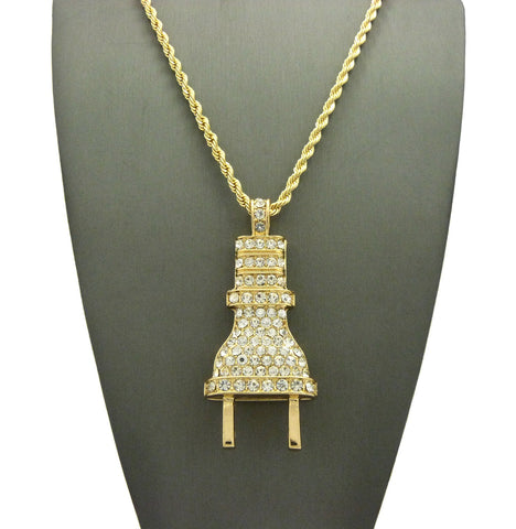Nyfashion101 Stone Stud Large Power Plug Pendant Necklace Gold-Tone