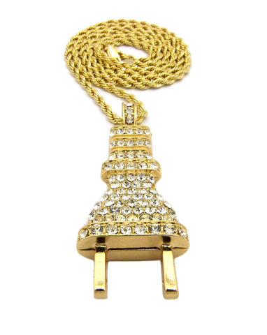 Nyfashion101 Stone Stud Large Power Plug Pendant Necklace Gold-Tone