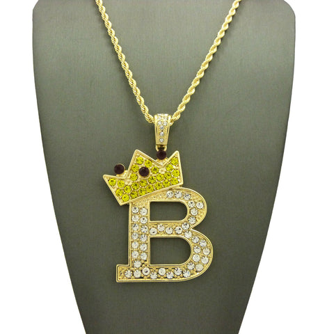 Nyfashion101 Stone Stud Large Titled Crown Initial B Pendant Necklace Gold-Tone