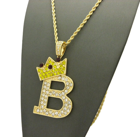 Nyfashion101 Stone Stud Large Titled Crown Initial B Pendant Necklace Gold-Tone