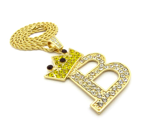 Nyfashion101 Stone Stud Large Titled Crown Initial B Pendant Necklace Gold-Tone