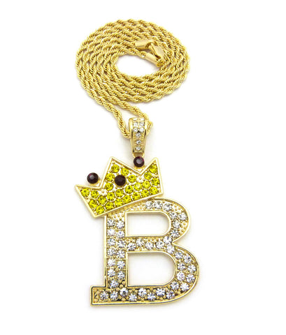 nyfashion101 Stone Stud Large Titled Crown Initial B Pendant Necklace Gold-Tone
