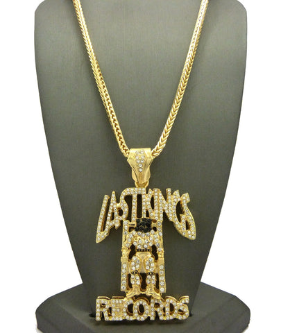 nyfashion101 Stone Stud Last Kings Record Label Pendant w/ Chain Necklace