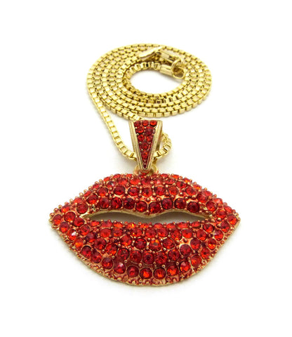 Nyfashion101 Stone Stud Lips Pendant W/2mm 18" Box Chain Necklace Gold-Tone/Red Stone