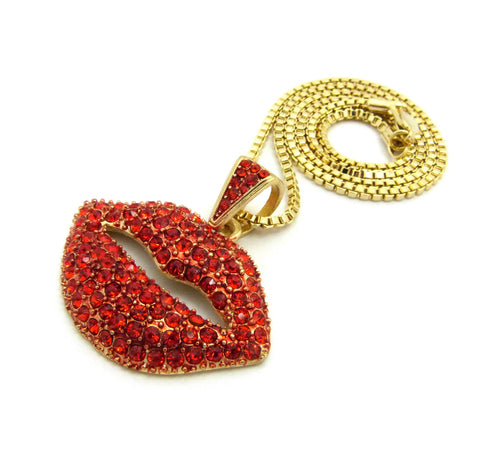 Nyfashion101 Stone Stud Lips Pendant W/2mm 18" Box Chain Necklace Gold-Tone/Red Stone