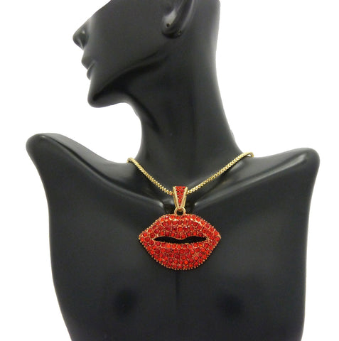 Nyfashion101 Stone Stud Lips Pendant W/2mm 18" Box Chain Necklace Gold-Tone/Red Stone