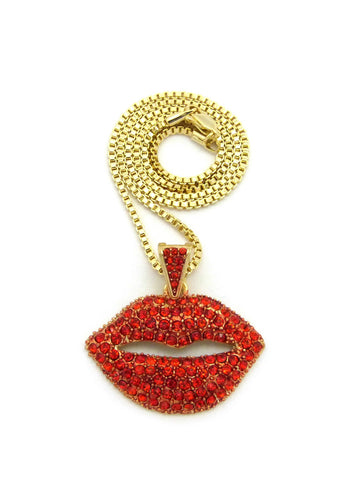 nyfashion101 Stone Stud Lips pendant w/2mm 18" Box Chain Necklace Gold-Tone/Red Stone
