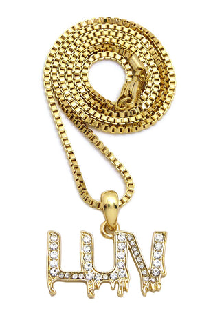 nyfashion101 Stone Stud LUV Drip Effect Micro Pendant with Box Chain Necklace