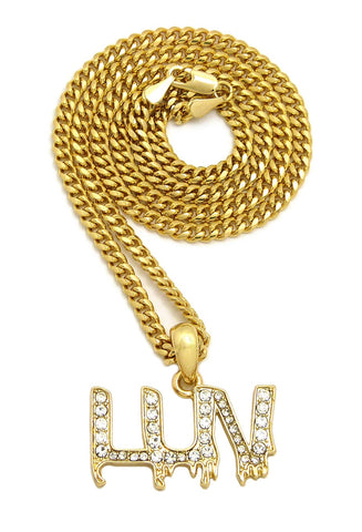 nyfashion101 Stone Stud LUV Drip Effect Micro Pendant with Cuban Chain Necklace