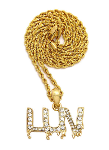 nyfashion101 Stone Stud LUV Drip Effect Micro Pendant with Rope Chain Necklace