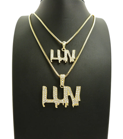 Nyfashion101 Stone Stud LUV Drip Effect Pendant Set With 2mm 16" And 18" Box Chain Necklaces