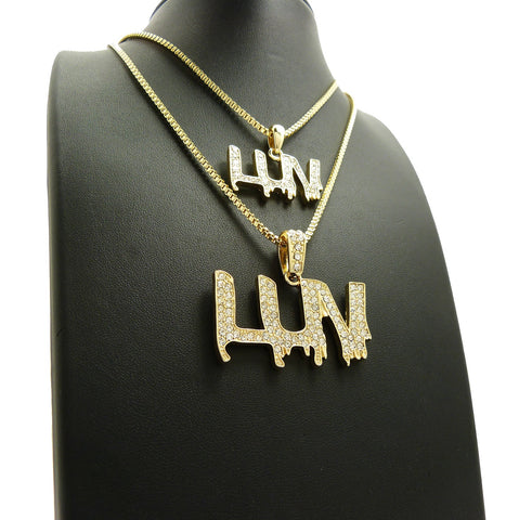 Nyfashion101 Stone Stud LUV Drip Effect Pendant Set With 2mm 16" And 18" Box Chain Necklaces