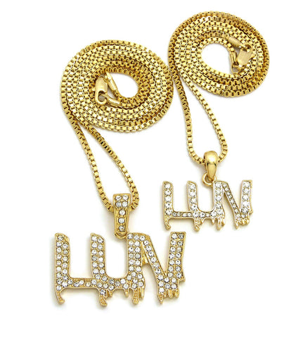 Nyfashion101 Stone Stud LUV Drip Effect Pendant Set With 2mm 18" And 20" Box Chain Necklaces