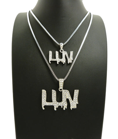 Nyfashion101 Stone Stud LUV Drip Effect Pendant Set With 2mm 20" And 24" Box Chain Necklaces Gold-Tone