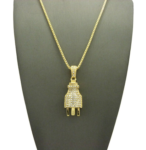 Nyfashion101 Stone Stud Male Power Plug Pendant W/2mm 24" Box Chain Necklace Gold-Tone