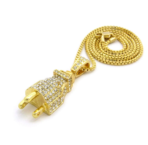 Nyfashion101 Stone Stud Male Power Plug Pendant W/2mm 24" Box Chain Necklace Gold-Tone