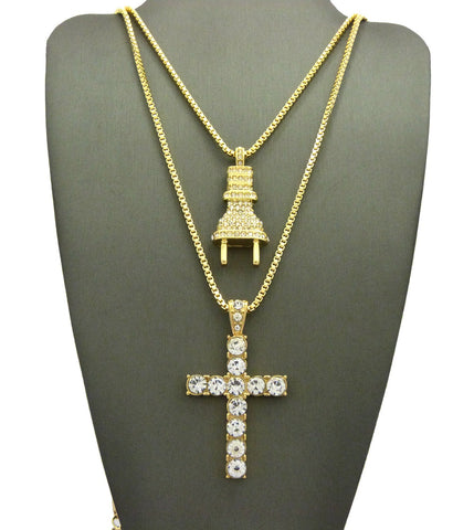Nyfashion101 Stone Stud Male Power Plug & Single Row Cross Pendant Set W/Box Chain Necklaces Gold-Tone