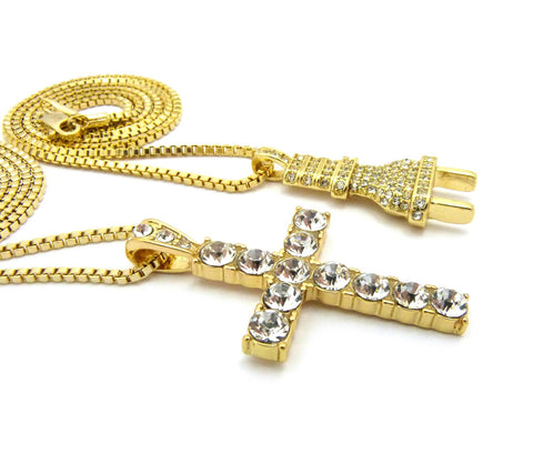 Nyfashion101 Stone Stud Male Power Plug & Single Row Cross Pendant Set W/Box Chain Necklaces Gold-Tone