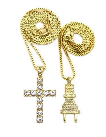 nyfashion101 Stone Stud Male Power Plug & Single Row Cross Pendant Set w/Box Chain Necklaces Gold-Tone