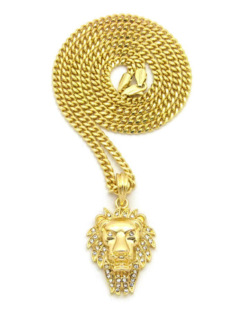 Nyfashion101 Stone Stud Mane Lion Head Pendant Chain Necklace Gold-Tone
