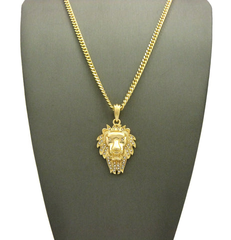 Nyfashion101 Stone Stud Mane Lion Head Pendant Chain Necklace Gold-Tone