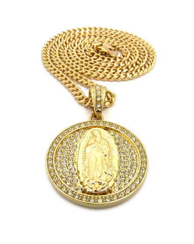Nyfashion101 Stone Stud Mother Mary Medallion With Cuban Chain Necklace
