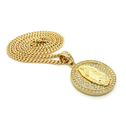 Nyfashion101 Stone Stud Mother Mary Medallion With Cuban Chain Necklace