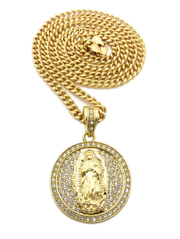 nyfashion101 Stone Stud Mother Mary Medallion with Cuban Chain Necklace