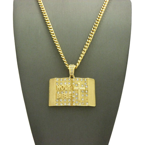 Nyfashion101 Stone Stud Opened Holy Bible Pendant Cuban Chain Necklace Gold-Tone