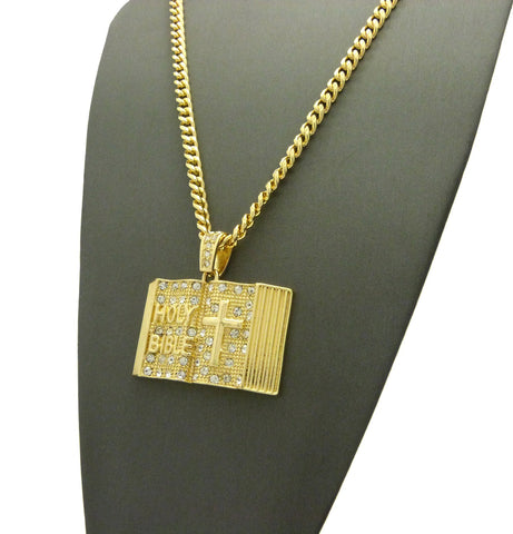 Nyfashion101 Stone Stud Opened Holy Bible Pendant Cuban Chain Necklace Gold-Tone