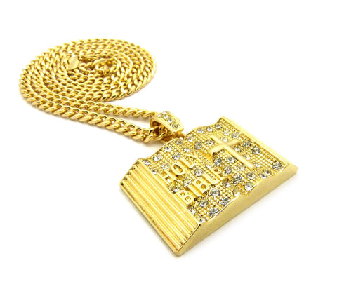 Nyfashion101 Stone Stud Opened Holy Bible Pendant Cuban Chain Necklace Gold-Tone