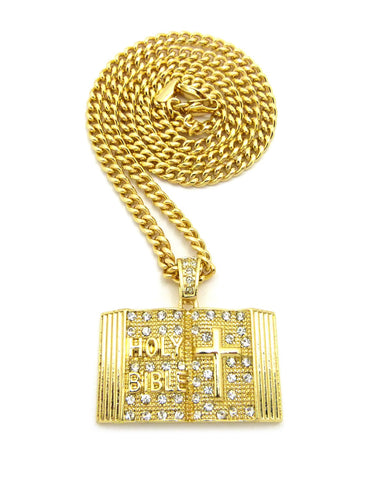 nyfashion101 Stone Stud Opened Holy Bible Pendant Cuban Chain Necklace Gold-Tone