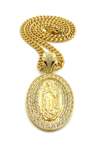 Nyfashion101 Stone Stud Oval Virgin Mary Medal Pendant With 6mm Cuban Chain In Gold-Tone 36"