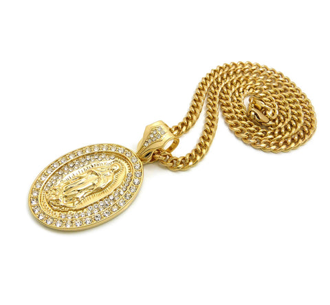 Nyfashion101 Stone Stud Oval Virgin Mary Medal Pendant With 6mm Cuban Chain In Gold-Tone 36"