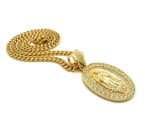 Nyfashion101 Stone Stud Oval Virgin Mary Medal Pendant With 6mm Cuban Chain In Gold-Tone 36"