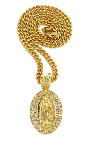 nyfashion101 Stone Stud Oval Virgin Mary Medal Pendant with 6mm Cuban Chain in Gold-Tone 30"