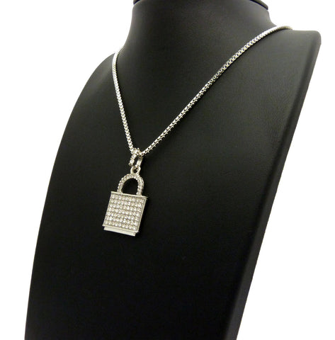 Nyfashion101 Stone Stud Padlock Pendant W/ 2mm 24" Box Chain Necklace