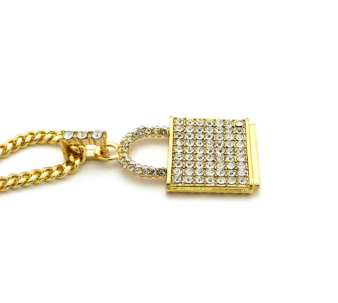 Nyfashion101 Stone Stud Padlock Pendant W/ 3mm 24" Cuban Chain Necklace