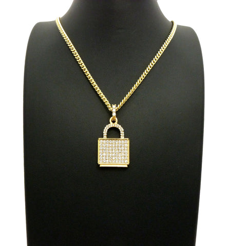 Nyfashion101 Stone Stud Padlock Pendant W/ 3mm 24" Cuban Chain Necklace