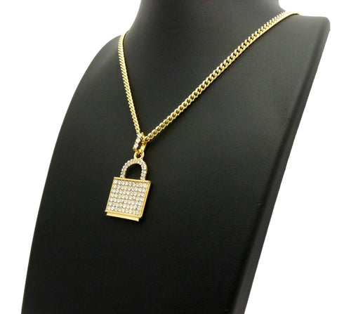 Nyfashion101 Stone Stud Padlock Pendant W/ 3mm 24" Cuban Chain Necklace