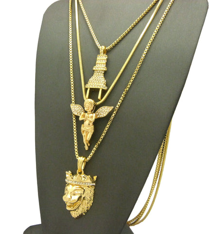 Nyfashion101 Stone Stud Power Plug Extended Wing & King Lion Pendant Set W/ Chain Necklaces In Gold-Tone