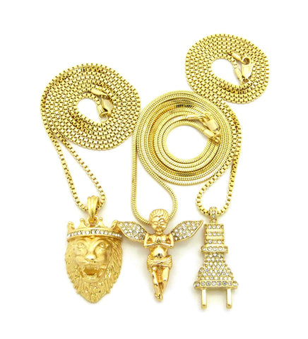 Nyfashion101 Stone Stud Power Plug Extended Wing & King Lion Pendant Set W/ Chain Necklaces In Gold-Tone