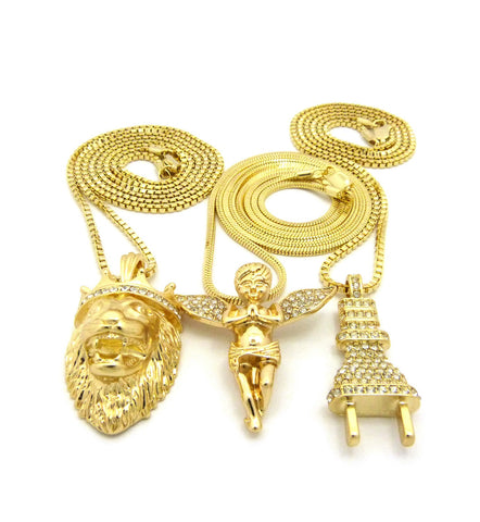 Nyfashion101 Stone Stud Power Plug Extended Wing & King Lion Pendant Set W/ Chain Necklaces In Gold-Tone