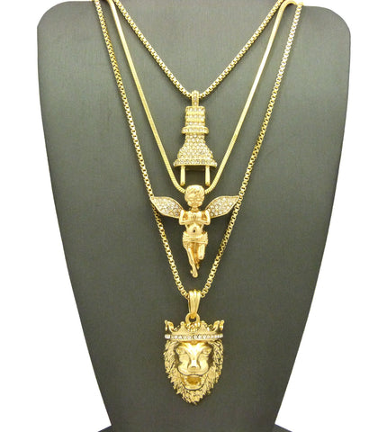 nyfashion101 Stone Stud Power Plug Extended Wing & King Lion Pendant Set w/ Chain Necklaces in Gold-Tone