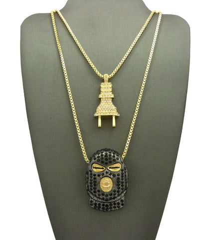 Nyfashion101 Stone Stud Power Plug & Goon Ski Mask Head Pendant Set W/ 2mm 24" & 30" Box Chains In Gold-Tone